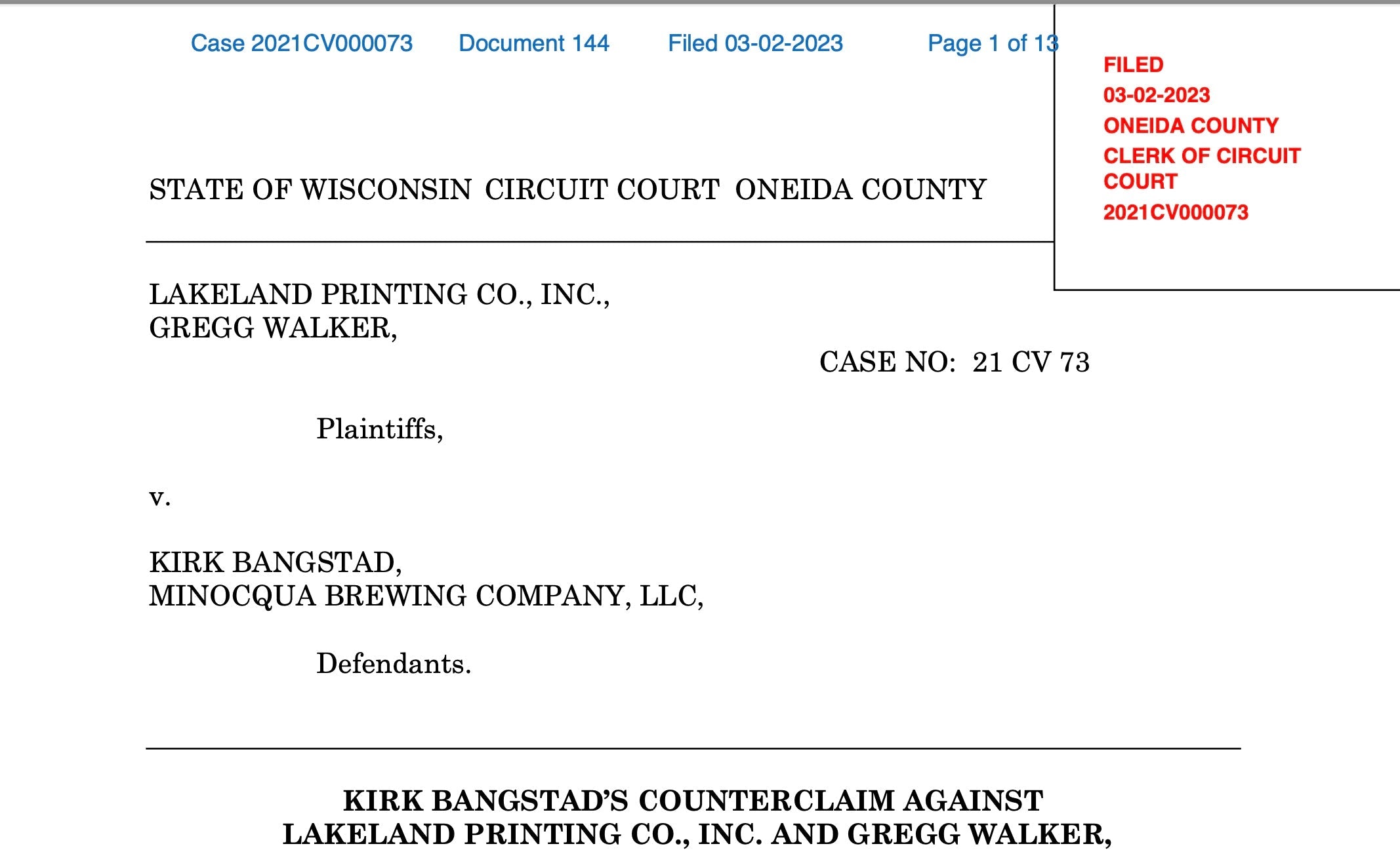 The Minocqua Brewing Company is Countersuing the Lakeland Times for D