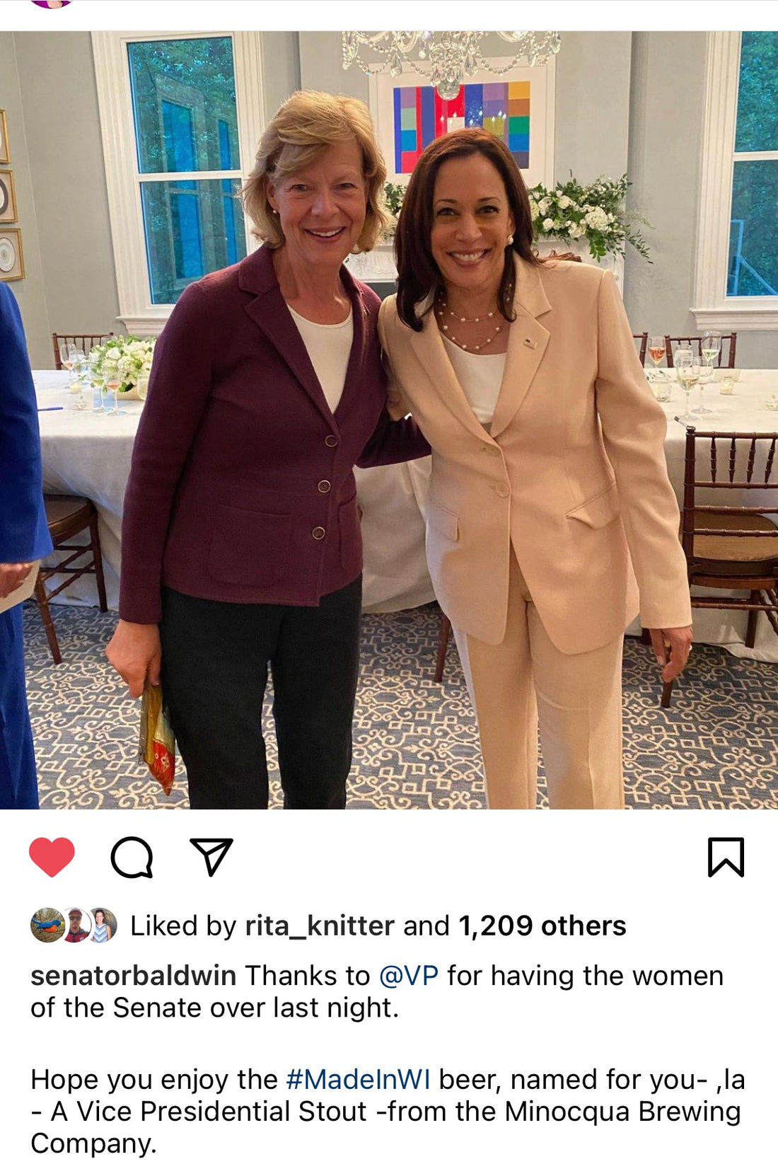 Thanks Senator Baldwin for Bringing #kamalabeer to Our Favorite Veep's Dinner Party